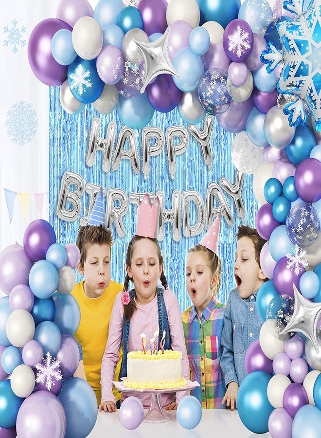 Lazybeee مجموعة قوس بالونات Lazybeee Froz En مكونة من 80 قطعة، بالونات ندفة الثلج الزرقاء والبنفسجية مع شرائط ملونة، ستارة شراشيب لحفلات الشتاء الساحرة، وحفلات استقبال المولود الجديد، وحفلات أعياد الميلاد، وحفلات أميرات الثلج. - Image 3